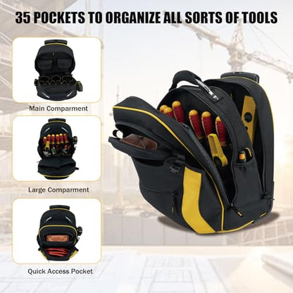 MELOTOUGH Rolling Tool Bag with Telescoping Handle 35 Pockets Wheeled Electrician Backpack Tool Bag For Men,Water Resistant Tool Storage Organizer Including Laptop Sleeve (Yellow） - color: Yellow