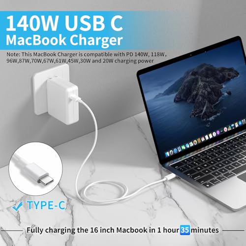 Mac Book Pro Charger 140W USB C Power Adapter for Mac Book Air/Pro | Compatible with Mac Book Air/Pro 12-16-inch & M1-M5, Samsung Galaxy and All USB C Device 6.6FT USB-C Cable