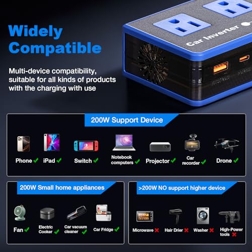 200W Car Power Inverter, Amcelooy Dual DC 12V to 110V AC Car Outlet Adapter to Wall Plug, Fast Charging 24W USB-C & USB Ports, Portable Charger Converter with for Laptops, Phones(Blue) - color: Blue