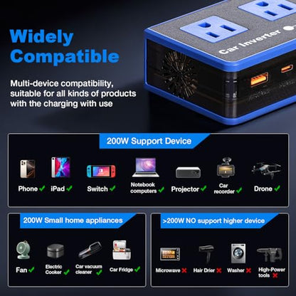 200W Car Power Inverter, Amcelooy Dual DC 12V to 110V AC Car Outlet Adapter to Wall Plug, Fast Charging 24W USB-C & USB Ports, Portable Charger Converter with for Laptops, Phones(Blue) - color: Blue