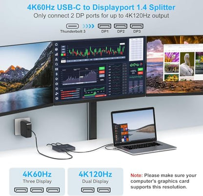 USB C to Display Port Splitter 3 Monitors with 100W PD Port 4K60HZ/4K120Hz(2DP Ports) USBC to DisplayPort Splitter 1 in 3 Out MST HUB Supports Extended(Windows) and Mirrored Displays