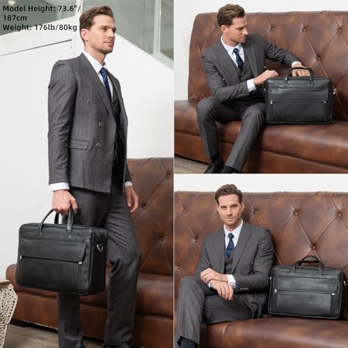 Masa Kawa Leather 15.6" & 17" Laptop Briefcase Men Business Messenger Bag | Full Grain Cowhide Business Travel Office Work Crossbody Shoulder Professional Attache Case for 2 Computers - color: Black-fits 17" Laptop
