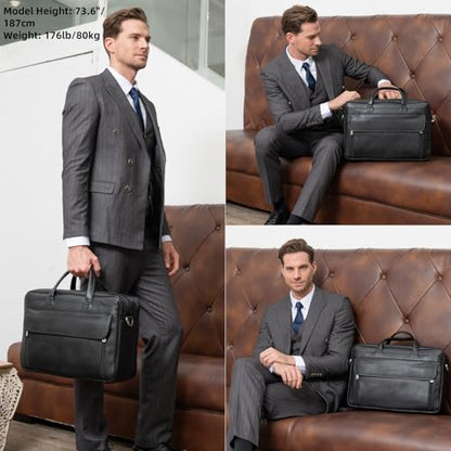 Masa Kawa Leather 15.6" & 17" Laptop Briefcase Men Business Messenger Bag | Full Grain Cowhide Business Travel Office Work Crossbody Shoulder Professional Attache Case for 2 Computers - color: Black-fits 17" Laptop