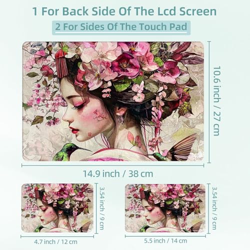 Universal Laptop Skin Decal, 3-Piece Vinyl Protector for 12 13 14 15.6" Notebook, Waterproof Anti-Scratch, Easy Trim & Bubble-Free Finish, Geisha with Flowers in Hair - color: Geisha with Flowers in Hair