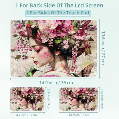 Universal Laptop Skin Decal, 3-Piece Vinyl Protector for 12 13 14 15.6" Notebook, Waterproof Anti-Scratch, Easy Trim & Bubble-Free Finish, Geisha with Flowers in Hair - color: Geisha with Flowers in Hair