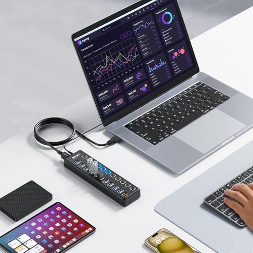 Powered USB Hub, JESWO 11 Port USB 3.0 Hub, 10 USB 3.0 Data Transfer Ports + 1 Smart Charging Port, USB Hub Powered with Individual LED On/Off Switches and 12V/3A Power Adapter - style: 10+1 USB 3.0 Hub