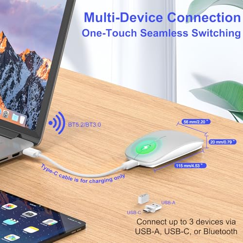 Bluetooth Wireless Mouse for MacBook Air Mac Pro iPad Laptop Computer Pad Optical Rechargeable Slim Silent Dual Mode (2.4G USB-C/USB-A&Bluetooth 5.2/3.0) Mouse Jiggler for Computer Awakening - Silver - color: SILVER