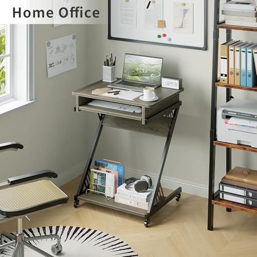 ALISENED Computer Desk for Small Spaces Compact Desk with Keyboard Tray | 23.6" Z-Shaped, with Wheels and Bottom Shelves, for Home Office, Computer Cart Mobile Laptop Cart, Grey - color: Grey