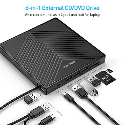 ORIGBELIE External CD DVD Drive 4 USB Port 2 TF/SD Card Slot &Carrying Case | Slim USB 3.0 CD DVD ROM Player Burner Reader Writer Rewriter Optical Disk Drive for Laptop PC Mac OS Windows 11/10/8/7 Linux - size: 6.1" x 5.45" x 0.65"