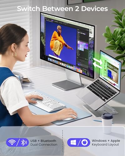 seenda COE200 Wireless Bluetooth Keyboard and Mouse Combo with Wrist Rest | USB/Bluetooth multi-device switching, quiet clicks, full-size ergonomic set for PC, laptop, Mac, and MacBook, White - color: White