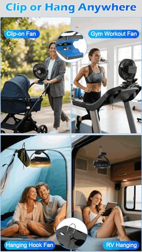 Meudeen 10000mAh Battery Operated Clip on Fan - 8 Inch Portable Timer Fan for Golf Cart - Table - 5 Speeds High-Velocity Airflow - LED Lantern - with Beach - Bedroom - Desk Fan - color: Matte Black