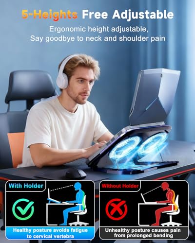 Upgraded Laptop Cooling Pad with Dual TEC Coolers & 2 Quiet Fans-RGB Laptop Cooler for 12-21in Laptops, Gaming Laptop Fan Cooling Pad Stand with Phone Holder, 100-Speed & 5-Height Adjustable, USB Port