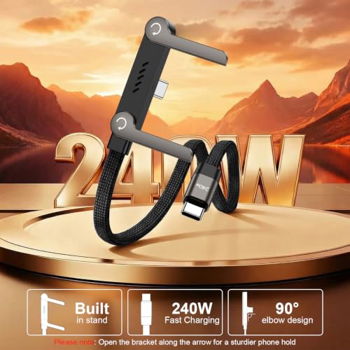 Invisible Holder Charger Cable,240W USB C to USB C Fast Charging Cable,5FT Right Angle Fast Charge Cable with Built-in Phone Stand Flat USBC Cord for Samsung S26 Ultra S25 A17 S24,iPhone 17e,Pixel 10a