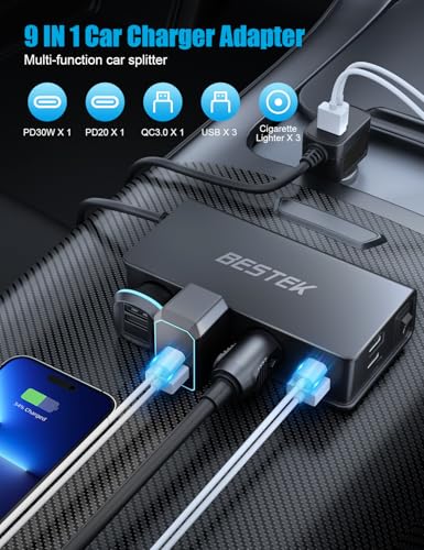BESTEK 9 in 1 Cigarette Lighter Splitter 148W 3-Socket Car Cigarette Lighter PD30W and 4 USB-A QC3.0 18W with LED Display 12V/24V Cigarette Lighter Adapter for Dash Cam, GPS, iPad/Laptop/Phone - color: Black-1