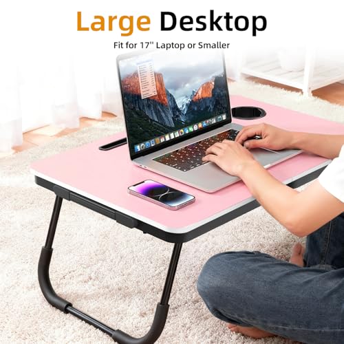 BUYIFY 23.4" Foldable Lap Desk Bed Table with Cup Holder Tray Rose Pink | Portable Folds Flat for Easy Storage, No Assembly Laptop Bed Desk, Sturdy and Lightweight, Patent Design - color: Rose Pink