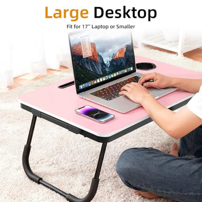 BUYIFY 23.4" Foldable Lap Desk Bed Table with Cup Holder Tray Rose Pink | Portable Folds Flat for Easy Storage, No Assembly Laptop Bed Desk, Sturdy and Lightweight, Patent Design - color: Rose Pink