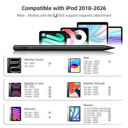 Stylus Pen for iPad 2026-2018 with 13mins Fast Charge,Tilt Sensitivity Palm Rejection Pencil for 11th (A16)/10/9/8/7/6 Gen, iPad Pro 11"/12.9"/M4/M5, iPad Air 3/4/5/M2/M3/M4, Mini 7/6/5 - color: black