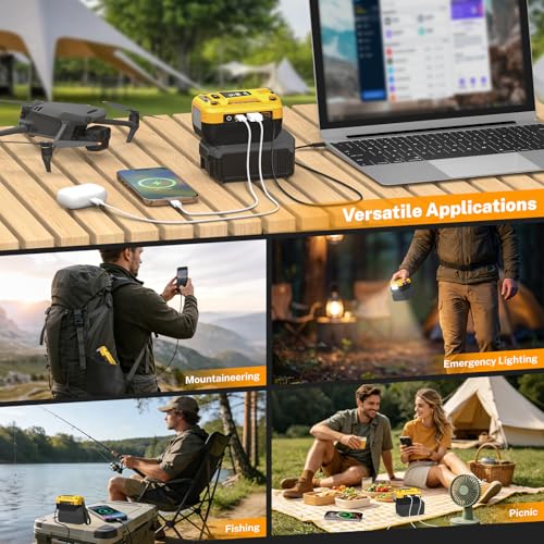 140W USB Battery Charger Adapter Compatible with DeWalt 20V Battery | PD 3.1 Fast Charging with Dual USB-C, 18W USB-A, Portable Phone Charger with 700LM LED Work Light and LED Screen Display - color: Yellow