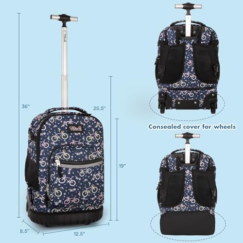 Tilami Rolling Backpack for Kids 19 inch with Lunch Bag Wheeled Laptop Backpack,Bicycle - color: Bicycle