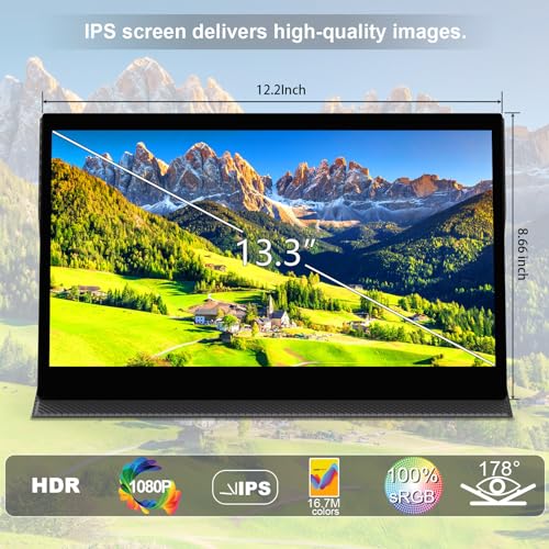 13.3" Touchscreen Portable Monitor, 1080P FHD IPS Display, USB-C & HDMI Plug-and-Play, Dual Speakers, Smart Cover & VESA Mount, External Monitor for Laptop, PC, Smartphone & Game Consoles