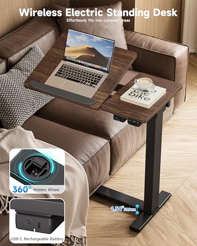 BIZUM Small Electric Standing Desk, Overbed Table Wireless Tilt Top with Hidden Wheels, 27.6×15.8 Inch Adjustable Rolling Laptop Desk, USB-C Rechargeable Battery, Walnut - color: Walnut