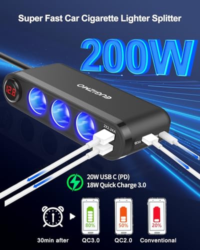 7 in 1 Cigarette Lighter Splitter, 200W Car Charger Plug Adapter | 1x PD30W USB-C, QC3.0 18W and 3x 2.4A USB Ports for iPhone RVs Boats Pair with Master Switch with LED Voltage Display