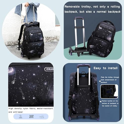 3Pcs Galaxy Boys Rolling Backpack Set with Lunch Bag, Galaxy Print Kids Backpack for Boys with Wheels - color: 3pcs-galaxy-black