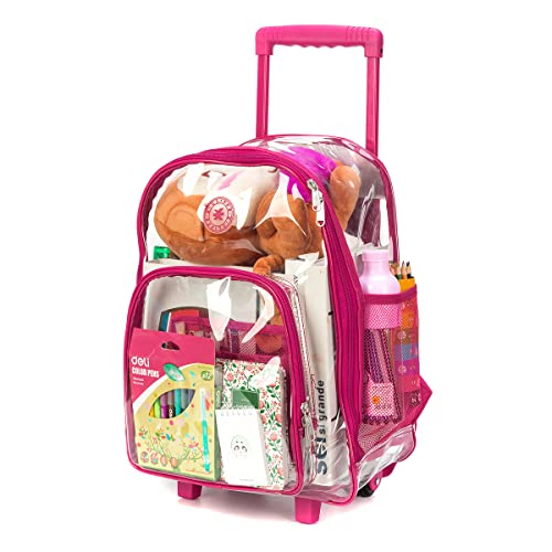 K-Cliffs Rolling Clear Backpack Heavy Duty Bookbag Quality See Through Workbag Travel Daypack Transparent School Book Bags w/Wheels Hot Pink - color: Hot Pink