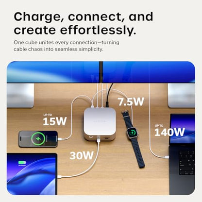 Satechi Thunderbolt 5 CubeDock, Built-in NVMe SSD Enclosure, Silver | Docking Station, 80 Gbps/120 Gbps USB4 v2, 140W charging, displays up to 8K, 2.5 GbE, Type-A/C 10 Gbps, active cooling