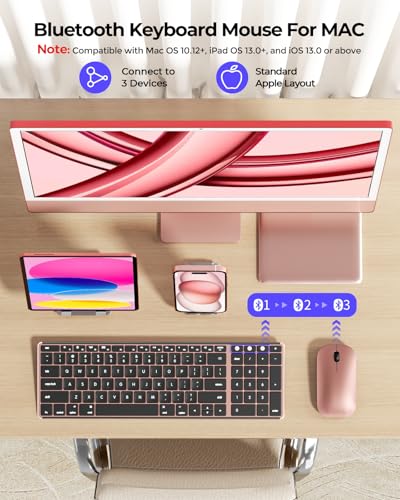 seenda Bluetooth Keyboard and Mouse Combo for Mac, SKM64-2 Rechargeable Silent Wireless Keyboard Mouse Compact Slim, 3 Multi-Device Connection, Compatible for Mac MacBook Pro/Air iPad, Black Rose Gold - color: Black & Rose Gold
