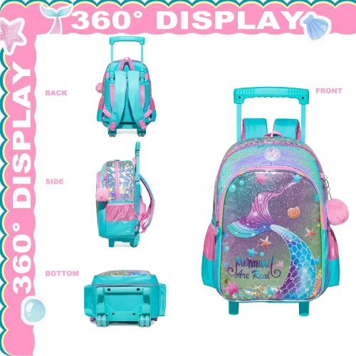 Mermaid Rolling Backpack for Girls with Lunch Box Kids Backpack with Wheels for School Sequin Rolling Backpacks for Kindergarten Girls Trolley Trips Kids Luggage - color: Blue Mermaid