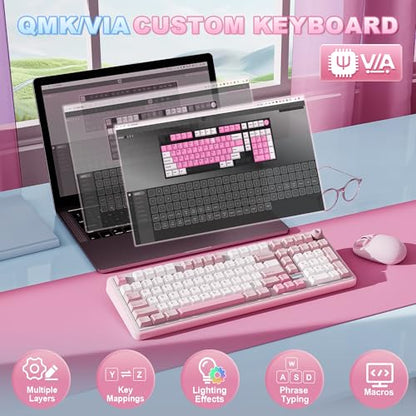 YUNZII B98 PRO QMK/VIA Wireless Mechanical Gaming Keyboard,96% Layout with Numpad and Cute Cat Knob, BT/2.4G/USB-C,Linear Switch Hot Swap Gasket,RGB for Win/Mac (Pink, Milk V2 Linear Switch) - color: Pink, size: Milk V2 Linear Switch