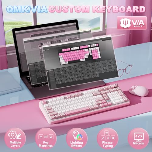 YUNZII B98 PRO QMK/VIA Wireless Mechanical Gaming Keyboard,96% Layout with Numpad and Cute Cat Knob, BT/2.4G/USB-C,Linear Switch Hot Swap Gasket,RGB for Win/Mac (Pink, Candy Linear Switch) - color: Pink, size: Candy Linear Switch