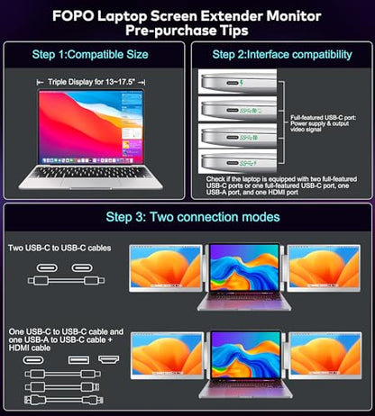 Laptop Screen Extender 16"-1200P 16:10 FHD Triple Monitor for 12-18.5" | Portable Monitor for Laptop with HDMI and USB-C Connectivity for MacBooks(NOT M1/M2/M3)/Wins, Chrome, Surface - size: 16"