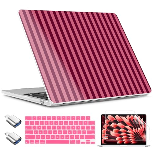 TWOLSKOO for MacBook Air 15 inch Case 2026 2025 2024 2023 Release M5 A3448 M4 A3241 M3 A3114 M2 A2941, Plastic Hard Shell & Screen Protector & Keyboard Cover & Type C Adapter, Dark Pink Stripes - color: Dark Pink Stripes