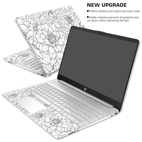 Laptop Skin Decal HP 15.6" - Black White Botanical, Laptop Cover Sticker, No Cutting Required, No Bubble, Waterproof, Scratch Resistant - Including Wide Screen and Wrist Pad - size: 15.6 inch