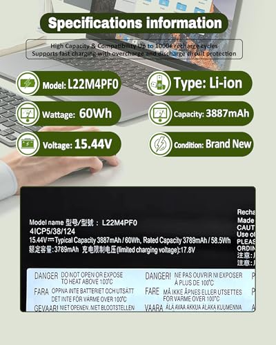 60Wh L22M4PF0 L22C4PF1 Battery for Lenovo Yoga Slim 6-14APU8 6-14IAP8 6-14IRH8 6-14IRP8 & 7-14IMH9 7-14IRP8 Series – 5B11J63614 5B11N45328 L22C4PF0 L22M4PF1 - size: 11.12*3.73*0.19 IN L22M4PF0