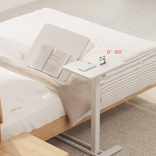 28''Pneumatic Overbed Tilting Bedside Table,Small Desk with Wheels | 27.6"x15.7" White Single-Side Flip Tabletop,Hospital Medical Bedside Table,Overbed Table with Wheels,Small Standing Desk - color: White, size: Small