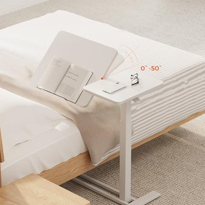 28''Pneumatic Overbed Tilting Bedside Table,Small Desk with Wheels | 27.6"x15.7" White Single-Side Flip Tabletop,Hospital Medical Bedside Table,Overbed Table with Wheels,Small Standing Desk - color: White, size: Small