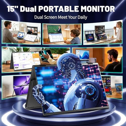 Portable Monitor Dual 15.6 Inch 1080P Dual Stacked Foldable Screen Monitor, USB-C HDMI Travel Monitor for Laptop Mac Windows, Screen Extender with Kickstand, VESA Mountable - size: 15.6 inch Dual monitor Metal
