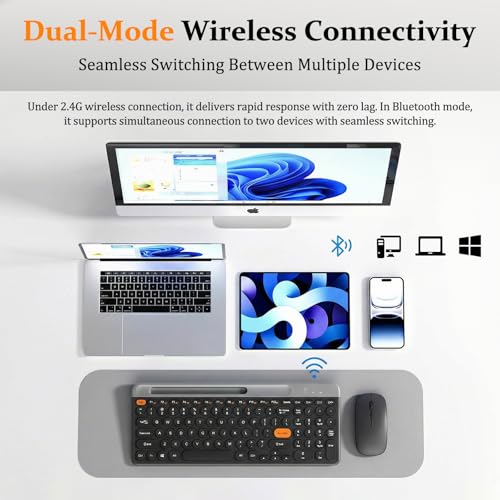 Bluetooth Keyboard Mouse Combo, Dual Multi-Device Wireless Keyboard with Phone Holder, Ultra-Compact 78-Key Layout, Quiet Keys & Rechargeable, for Windows PC Laptop (Black) - color: Black