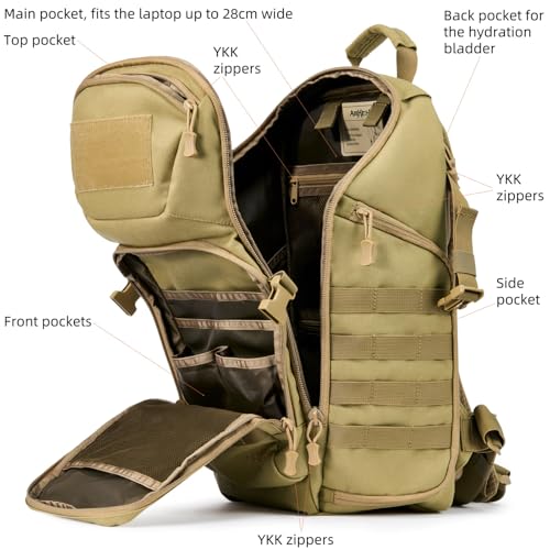 AMHEH 32L Tactical Backpack, 17 Inch Laptop Suspended Compartment | 1050D Water Resistant Heavy Duty MOLLE Computer Daypack, Airplane Travel Approved, Everyday Carry, Commuting, Weekend Trip - color: Tan