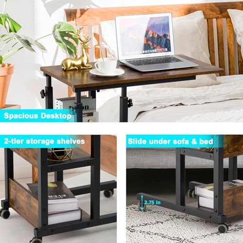 Hadulcet C Shaped Side Table Adjustable, Height Adjustable C Table with Wheels and Storage Shelves for Couch Bed Recliner Rustic Brown - color: Romantic Brown, style: Modern
