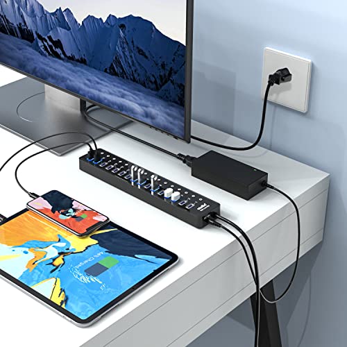 Power USB Hub 3.0, atolla 16 Port USB Splitter with 12V/6A Power Adapter and Individual Switches, High-Speed Data Transfer for Laptop, PC, Mac, and More Devices