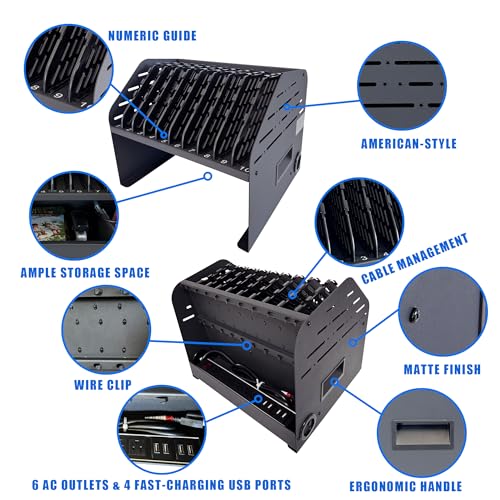 10-Device Laptop & Tablet Charging Station with 6 AC Outlets & 4 Fast-Charging USB Ports, Charging Rack for Chromebooks, iPads & Devices Up to 15.6", Classroom, Office & Library Organizer - color: Black with 10-Device Charging Station