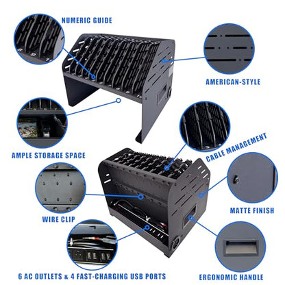 10-Device Laptop & Tablet Charging Station with 6 AC Outlets & 4 Fast-Charging USB Ports, Charging Rack for Chromebooks, iPads & Devices Up to 15.6", Classroom, Office & Library Organizer - color: Black with 10-Device Charging Station