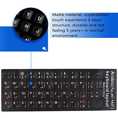 2 Pack Universal Arabic Keyboard Stickers, Black Background with Orange and White Lettering for Computer Laptop Notebook Desktop, Replacement Computer Keyboard Stickers (Arabic) - color: Arabic-black/Black Orange Letter