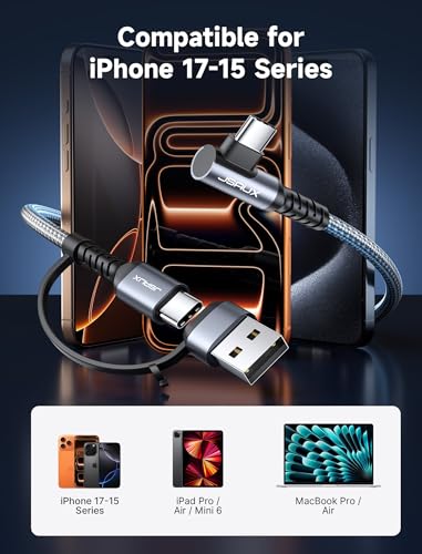 JSAUX 3-in-1 USB-C Cable 2-Pack 10FT, 100W Right-Angle Fast Charging, Grey | Right-Angle Braided Cables with USB-A Adapter, 2 x 10 ft, for iPhone 17/16/15, Galaxy S26/S25/S24, iPad, MacBook, Steam Deck - color: Grey, size: 10FT