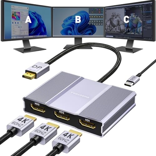 DisplayPort to HDMI Adapter 1 in 3 Out | 4K60Hz, DP Source to HDMI Splitter | DP Source to HDMI Splitter Extended Display for 3 monitors, MST Hub for Desktop,Laptop,Graphics Card - MACOS Not Support MST