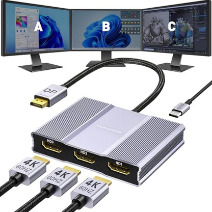 DisplayPort to HDMI Adapter 1 in 3 Out | 4K60Hz, DP Source to HDMI Splitter | DP Source to HDMI Splitter Extended Display for 3 monitors, MST Hub for Desktop,Laptop,Graphics Card - MACOS Not Support MST